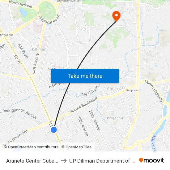 Araneta Center Cubao Station MRT to UP Diliman Department of Computer Science map
