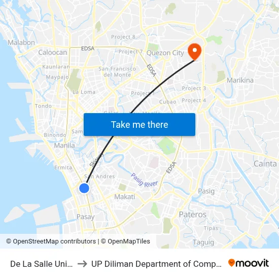 De La Salle University to UP Diliman Department of Computer Science map