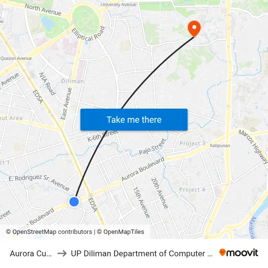 Aurora Cubao to UP Diliman Department of Computer Science map
