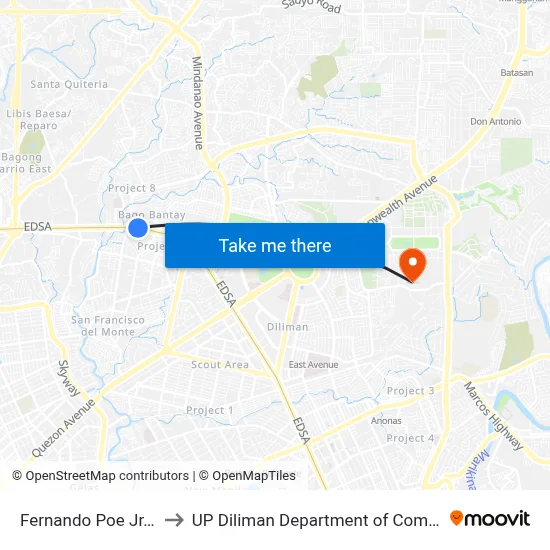Fernando Poe Jr. Station to UP Diliman Department of Computer Science map