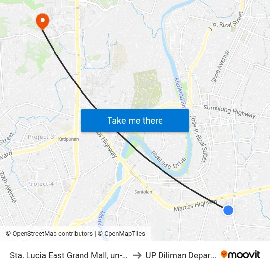 Sta. Lucia East Grand Mall, un-Named Road Near Felix Road, Cainta, Manila to UP Diliman Department of Computer Science map