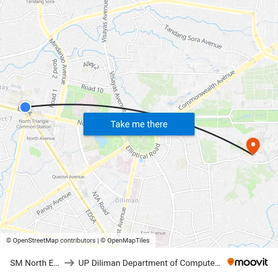 SM North EDSA to UP Diliman Department of Computer Science map