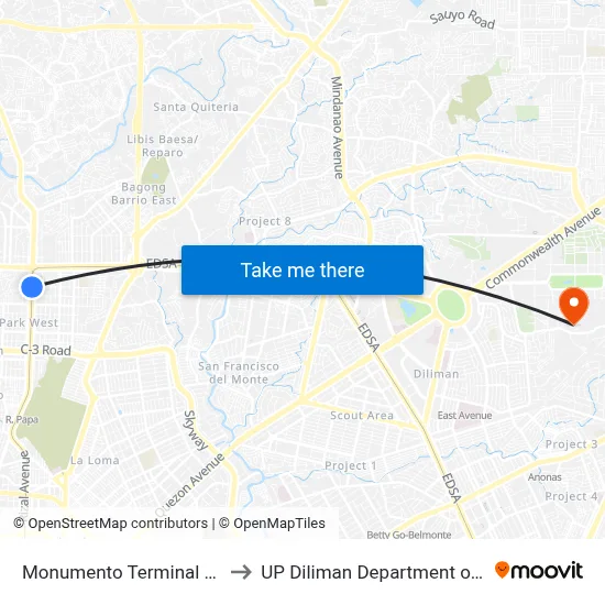 Monumento Terminal Station LRT Line 1 to UP Diliman Department of Computer Science map