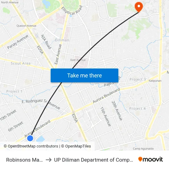 Robinsons Magnolia to UP Diliman Department of Computer Science map