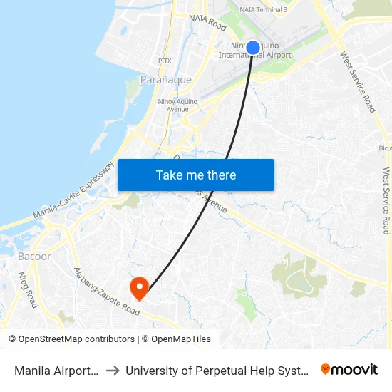 Manila Airport MNL to University of Perpetual Help System DALTA map