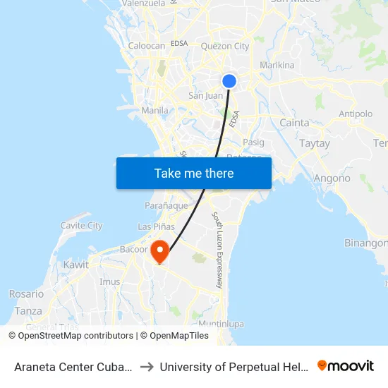 Araneta Center Cubao Station LRT to University of Perpetual Help System DALTA map
