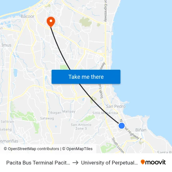 Pacita Bus Terminal Pacita Av San Pedro Manila to University of Perpetual Help System DALTA map
