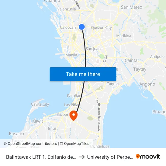 Balintawak LRT 1, Epifanio de los Santos Ave, Quezon City, Manila to University of Perpetual Help System DALTA map
