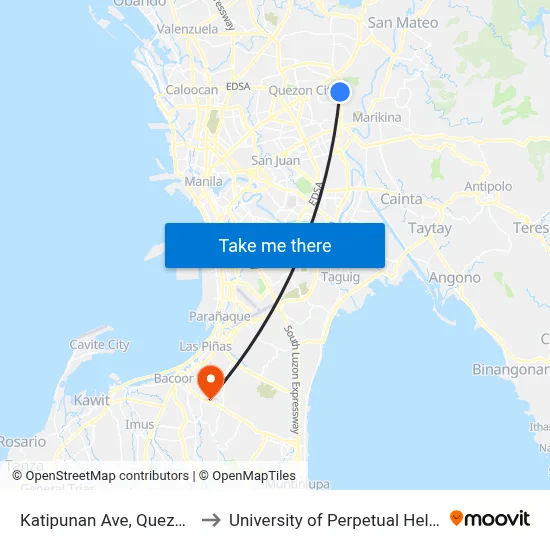 Katipunan Ave, Quezon City, Manila to University of Perpetual Help System DALTA map
