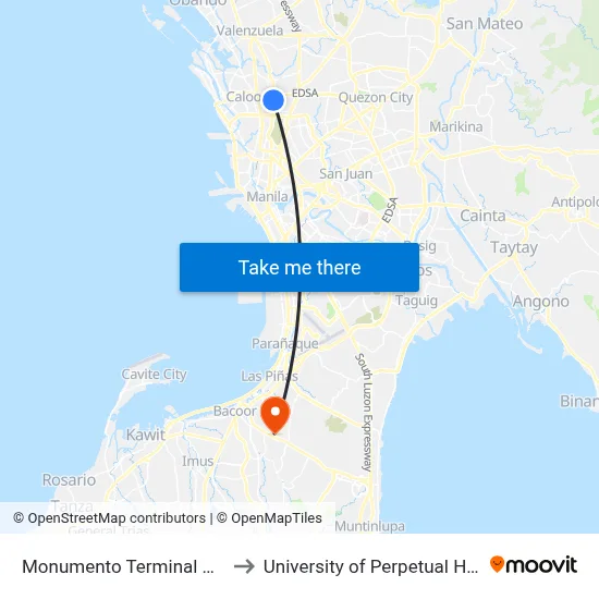 Monumento Terminal Station LRT Line 1 to University of Perpetual Help System DALTA map