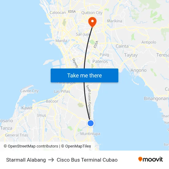 Starmall Alabang to Cisco Bus Terminal Cubao map
