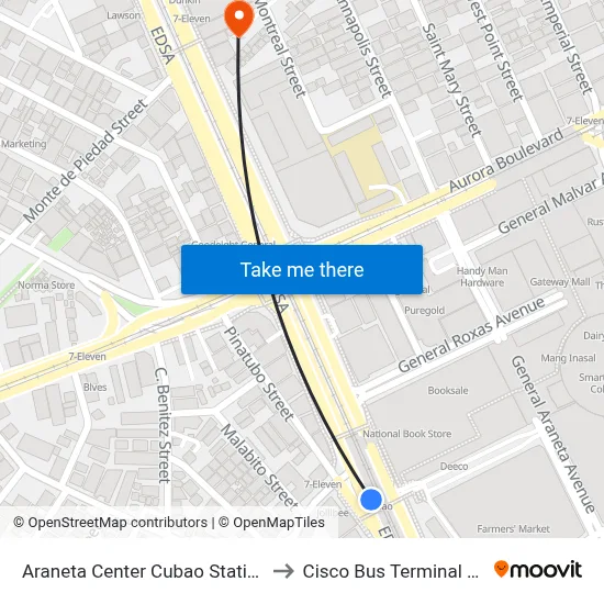 Araneta Center Cubao Station MRT to Cisco Bus Terminal Cubao map