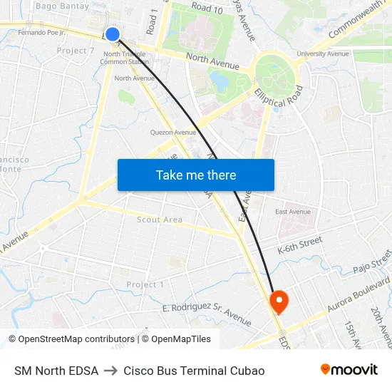 SM North EDSA to Cisco Bus Terminal Cubao map