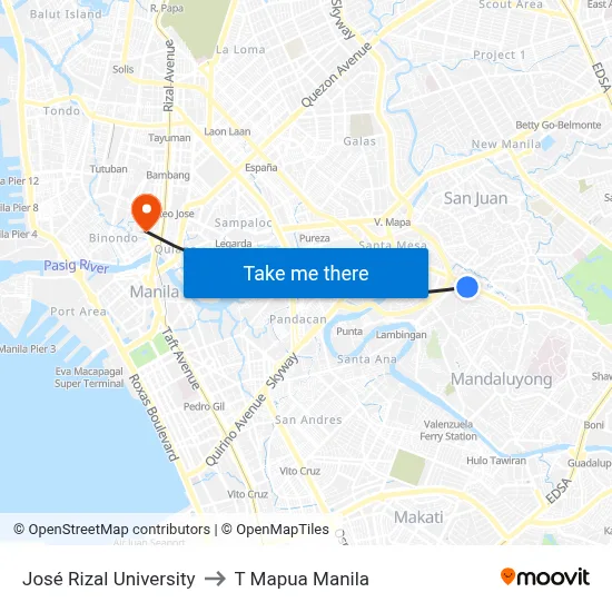 José Rizal University to T Mapua Manila map