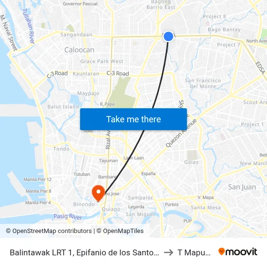Balintawak LRT 1, Epifanio de los Santos Ave, Quezon City, Manila to T Mapua Manila map