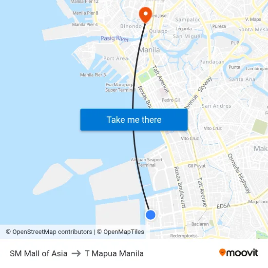 SM Mall of Asia to T Mapua Manila map