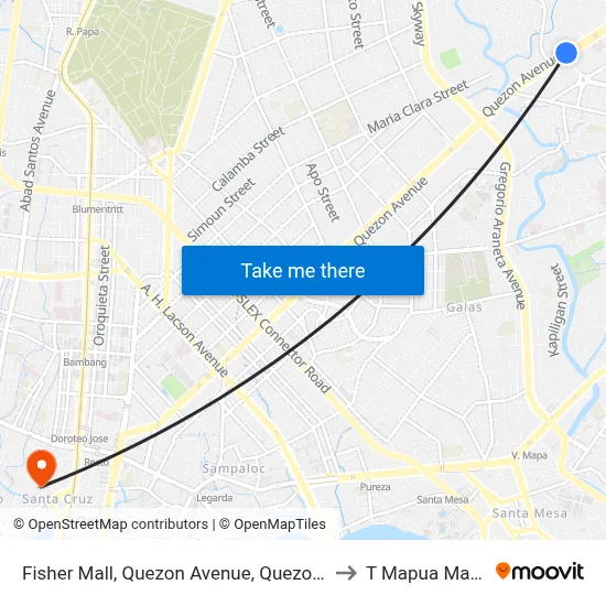 Fisher Mall, Quezon Avenue, Quezon City to T Mapua Manila map