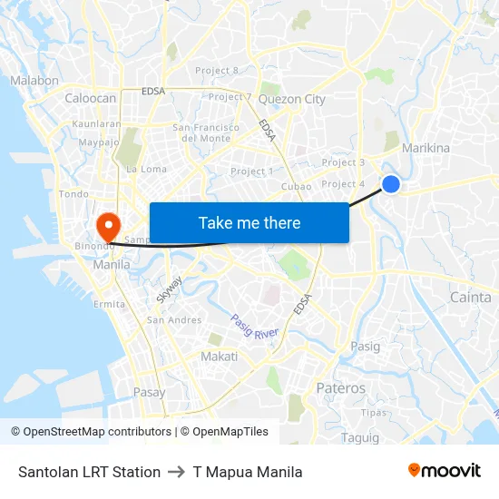 Santolan LRT Station to T Mapua Manila map