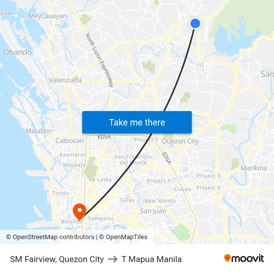 SM Fairview, Quezon City to T Mapua Manila map