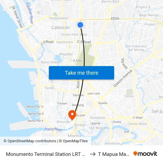 Monumento Terminal Station LRT Line 1 to T Mapua Manila map