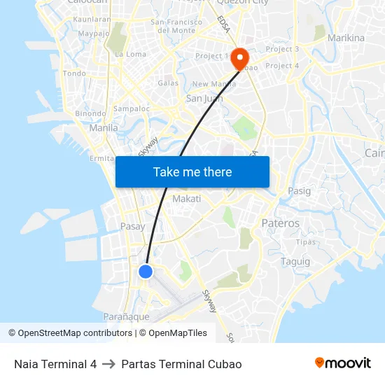Naia Terminal 4 to Partas Terminal Cubao map