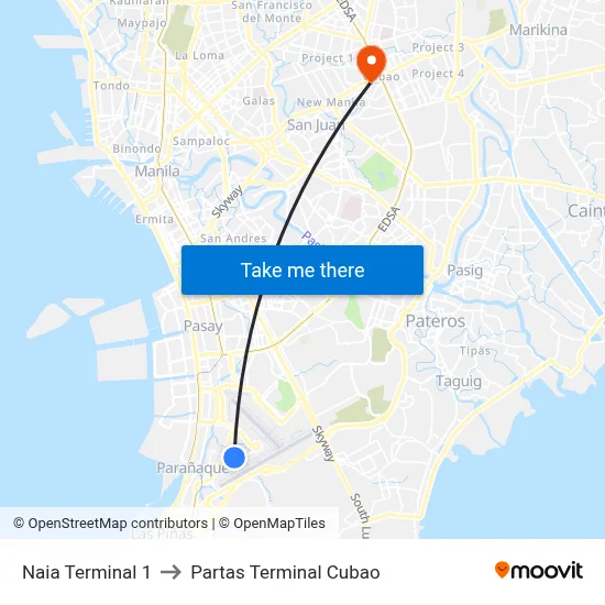 Naia Terminal 1 to Partas Terminal Cubao map
