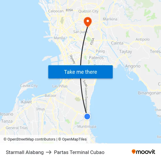 Starmall Alabang to Partas Terminal Cubao map