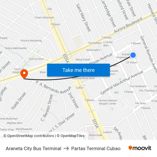 Araneta City Bus Terminal to Partas Terminal Cubao map
