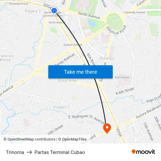 Trinoma to Partas Terminal Cubao map
