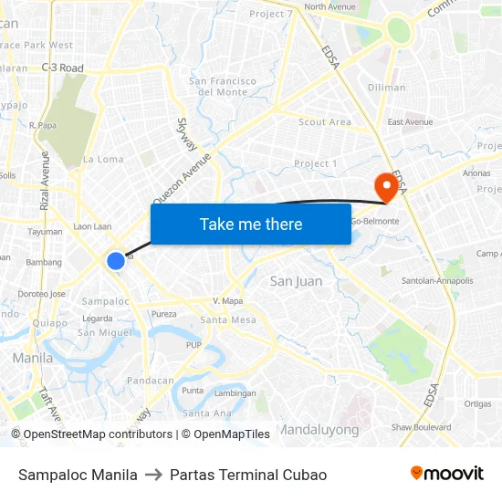 Sampaloc Manila to Partas Terminal Cubao map