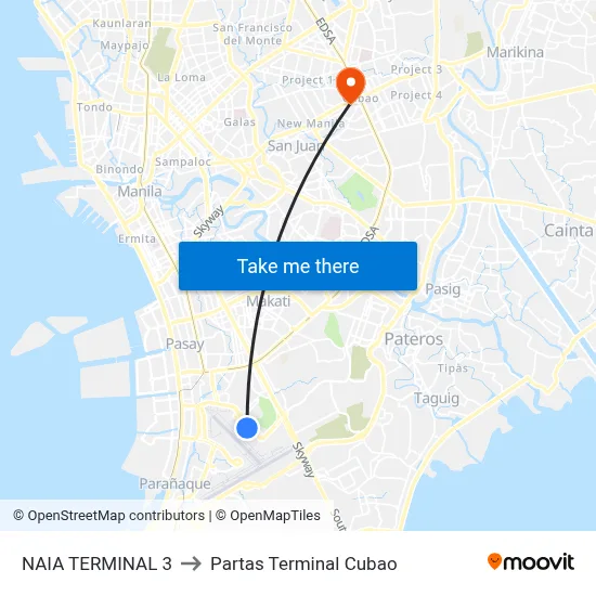 NAIA TERMINAL 3 to Partas Terminal Cubao map
