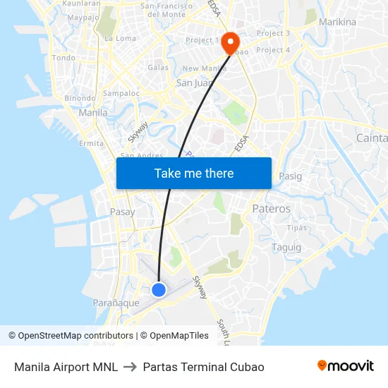 Manila Airport MNL to Partas Terminal Cubao map