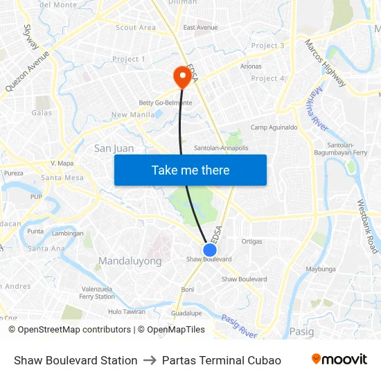 Shaw Boulevard Station to Partas Terminal Cubao map
