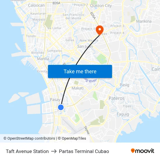 Taft Avenue Station to Partas Terminal Cubao map