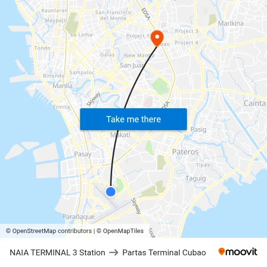 NAIA TERMINAL 3 Station to Partas Terminal Cubao map
