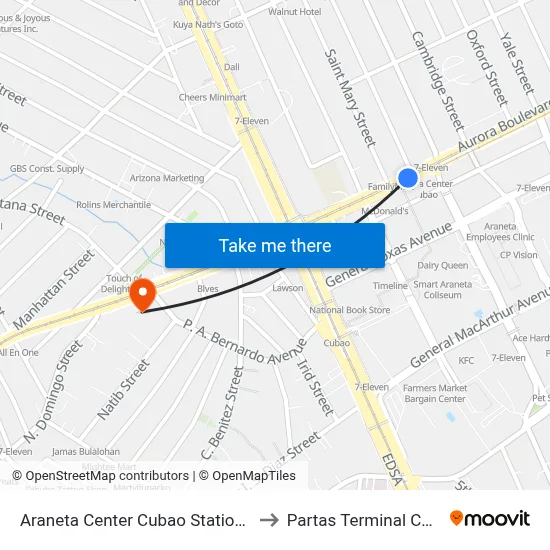 Araneta Center Cubao Station LRT to Partas Terminal Cubao map