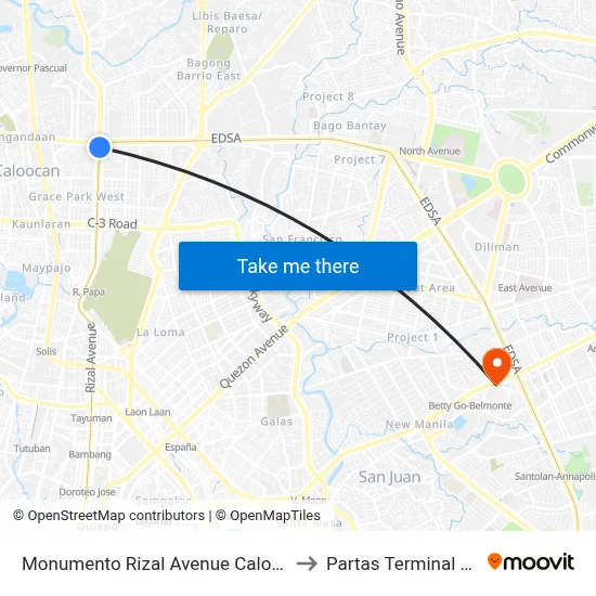 Monumento Rizal Avenue Caloocan City to Partas Terminal Cubao map