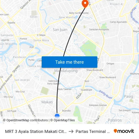 MRT 3 Ayala Station Makati City Manila to Partas Terminal Cubao map