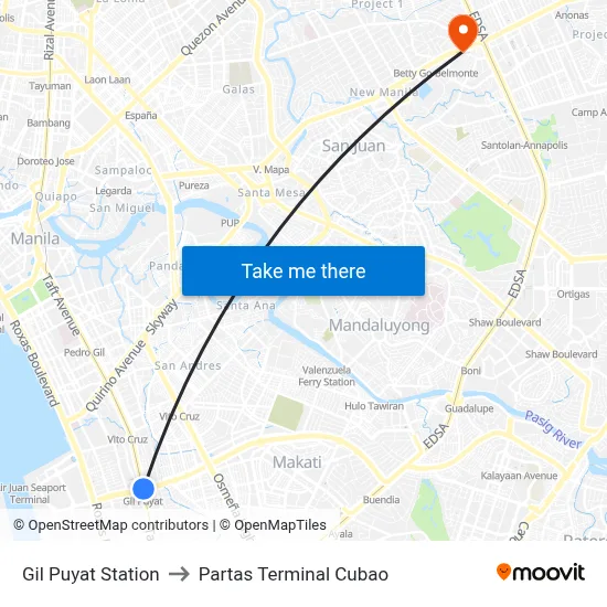 Gil Puyat Station to Partas Terminal Cubao map