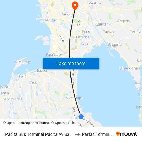 Pacita Bus Terminal Pacita Av San Pedro Manila to Partas Terminal Cubao map