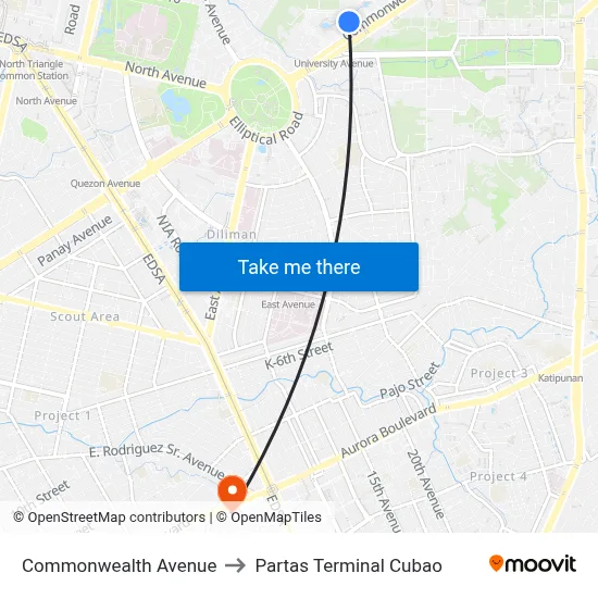 Commonwealth Avenue to Partas Terminal Cubao map