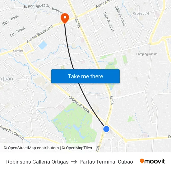 Robinsons Galleria Ortigas to Partas Terminal Cubao map