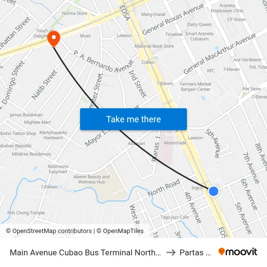 Main Avenue Cubao Bus Terminal Northbound, EDSA, Epifanio de los Santos AV, Quezon City, Manila to Partas Terminal Cubao map