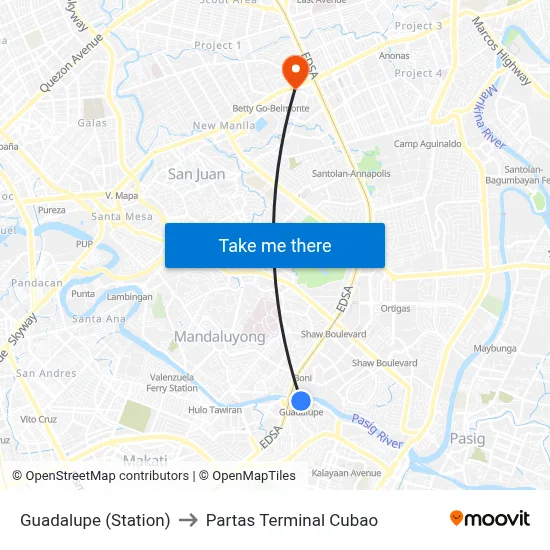 Guadalupe (Station) to Partas Terminal Cubao map