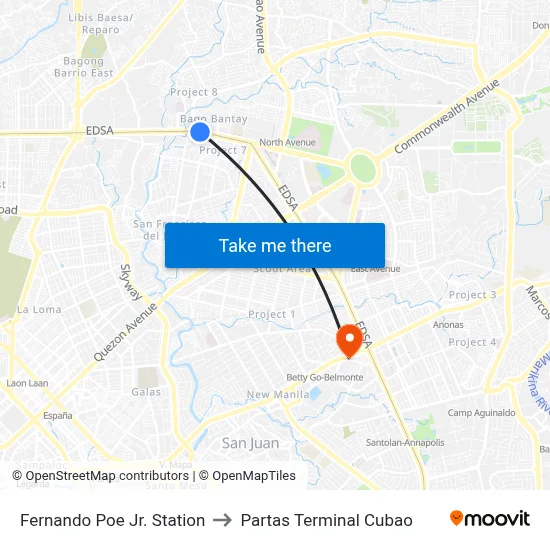 Fernando Poe Jr. Station to Partas Terminal Cubao map