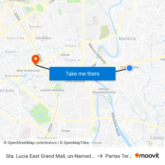 Sta. Lucia East Grand Mall, un-Named Road Near Felix Road, Cainta, Manila to Partas Terminal Cubao map