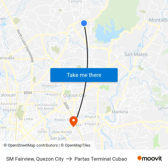 SM Fairview, Quezon City to Partas Terminal Cubao map