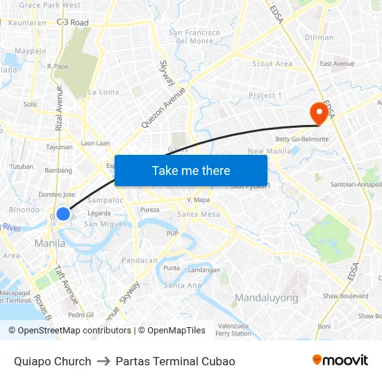 Quiapo Church to Partas Terminal Cubao map