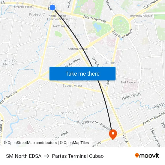 SM North EDSA to Partas Terminal Cubao map