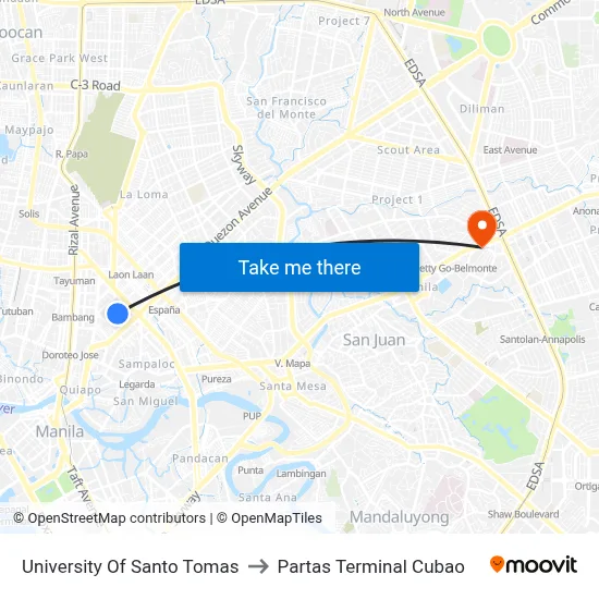 University Of Santo Tomas to Partas Terminal Cubao map